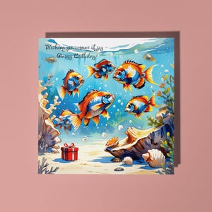 Hermoso pez tropical hecho a mano bajo el agua ¡Te deseo océanos de alegría! Tarjeta de feliz cumpleaños para amantes de los animales Tarjeta de felicitación premium y sobre