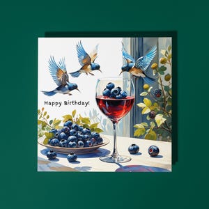 Handgemaakte vogeltjes met een glas rode wijn Gefeliciteerd met je verjaardag! Kaart Funny Animal Card Animal Lovers Premium wenskaart en envelop