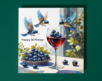 Handmade Little Birds with a glass of red wine Happy Birthday! Card Funny Animal Card Animal Lovers Premium Greeting Card and Envelope