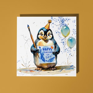 ¡Un lindo pingüino hecho a mano te escribe un feliz cumpleaños! Tarjeta de feliz cumpleaños Tarjeta divertida con animales Tarjeta de felicitación y sobre premium para amantes de los animales