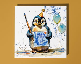 Handmade Cute penguin draws a Happy Birthday to you! Happy Birthday Card Funny Animal Card Animal Lovers Premium Greeting Card and Envelope