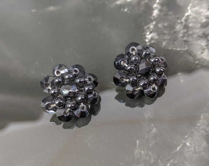 Lovely Vintage Germany Jewellery Black Glass Bead Clip on Earrings
