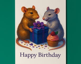 Two happy rats Sharing a Sweet Surprise - Happy Birthday Card - Funny Animal - Premium Greeting Card and Envelope - Personalised - Friends