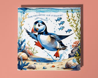 Handmade Funny Puffin catches fish Year of Adventure Happy Birthday Card Funny Animal Card Animal Lovers Premium Greeting Card & Envelope