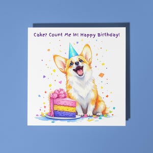 Cachorro Corgi fofo feito à mão olhando fatia de bolo de aniversário Cartão de feliz aniversário Cartão engraçado de animal Amantes de animais Cartão de felicitações premium Envelope