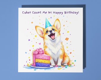 Handmade Cute Corgi dog staring slice of birthday cake Happy Birthday Card Funny Animal Card Animal Lovers Premium Greeting Card Envelope