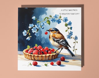 Handmade Bird Berry tart sweetness to brighten your day Happy Birthday Card Funny Animal Card Animal Lovers Premium Greeting Card & Envelope