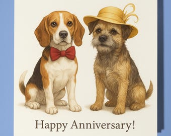 Beagle and Border Terrier Happy Anniversary Card  Funny Animal - Premium Greeting Card Envelope - Personalised Dog card - Husband Wife