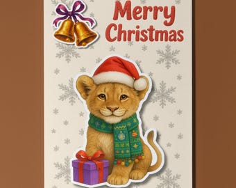 Festive Lion Cub with a Gift - Pop Animal 3D Collection Christmas Card - Funny Animal - Premium Quality Greeting Card Envelope Personalised