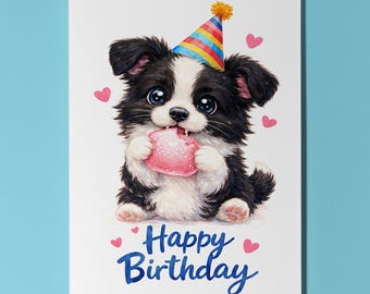 Kawaii Art Series Border Collie Puppy Cute Dog Pink Mochi Bean Munch Happy Birthday Card Premium Greeting Card Envelope Personalised Funny