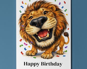 Wild Cats Party Lion: Happy Birthday Roar Card Premium quality Funny Greeting Card Envelope Personalised Friends Boys Men Cute animal