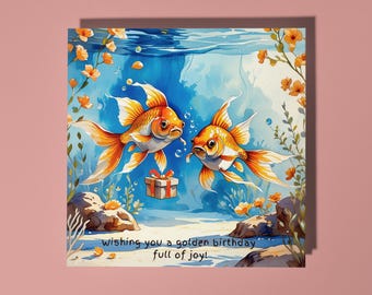Handmade Two goldfish with a gift Wishing a golden birthday full of joy Happy Birthday Card Animal Lovers Premium Greeting Card & Envelope