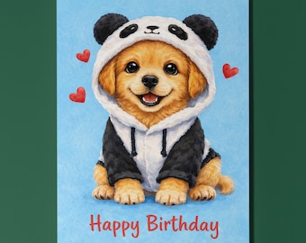 Felpa con cappuccio a forma di cane Golden Retriever e panda, biglietto d'auguri Kawaii, regalo personalizzato per amanti dei cani