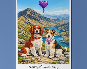 Eryri (Snowdonia) Yr Wyddfa (Snowdon) Welsh Springer Spaniel and Wire Fox Terrier Dogs Anniversary Card Envelope Funny Breeds Personalised