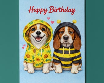 Biglietto d'auguri per il compleanno di un cane Jack Russell Terrier Basset Hound, felpa con cappuccio a forma di ape e girasole, regalo personalizzato e carino per gli amanti dei cani