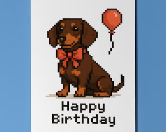 Dog Breeds Collection - Pixel Portraits - Dachshund - Happy Birthday Card - Funny Animal -Premium Greeting Card Envelope - Personalised card
