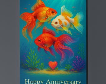 Rainbow Fish Parade Collection Three Fancy Goldfish - Anniversary Card - Funny Animal - Premium Greeting Card & Envelope - Personalised card