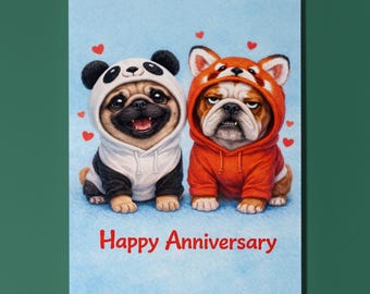 Pug English Bulldog Anniversary Card Personalised Panda Red Panda Hoodie Dog Lover Gift