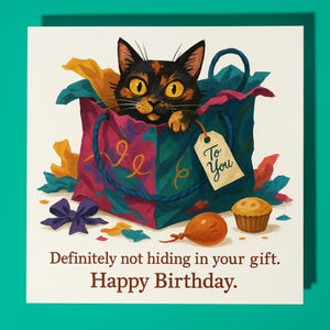 Fine Art Funnies Collection - Cat in Gift Box - Happy Birthday Card - Premium Greeting Card Envelope - Personalised card - Friend Family