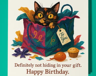 Fine Art Funnies Collection - Cat in Gift Box - Happy Birthday Card - Premium Greeting Card Envelope - Personalised card - Friend Family
