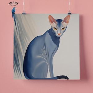 Elegante stampa artistica da parete raffigurante un gatto orientale blu, regalo perfetto per gli amanti degli animali, 295 mm x 295 mm, carta opaca da 300 g/m², senza cornice