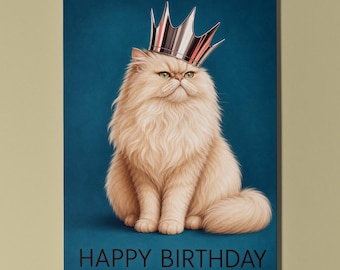 Persian Cat Birthday Card, Royal Crown King Cat Greeting, Blank Inside