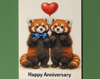 Animal Hugs Collection Two Red Pandas: Sweet and Red-y for Love Happy Anniversary Card - Premium Greeting Card Envelope Personalised Funny