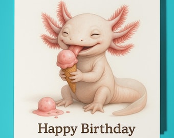 Axo-Love Collection - Axolotl with gift - Happy Birthday Card - Funny Animal - Premium Greeting Card & Envelope - Personalised card - Friend