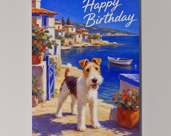 Wire Fox Terrier Birthday Card, Personalised Dog Greeting Card, Mediterranean Coastal Village