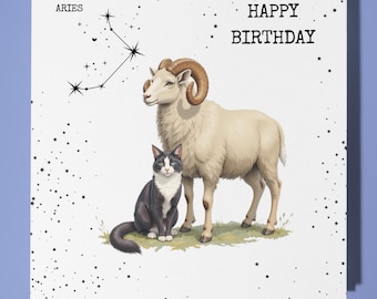 Aries Happy Birthday Card - Funny Animal - Premium Greeting Card & Envelope - Personalised zodiac sign card - Son Sister Friend Mum daughter