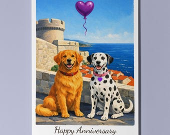 Croatia Dubrovnik - the City Walls Golden Retriever Dalmatian Dogs Happy Anniversary Card and Envelope Funny Breeds - Premium Personalised