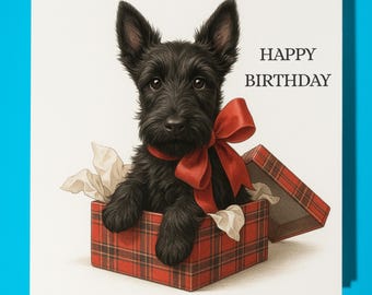 Scottish Terrier with red bow -  Happy Birthday Card - Premium Greeting Card & Envelope - Personalised funny dog card - Friend Family