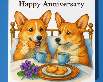 Corgi Dogs in bed - Happy Anniversary Card  Funny Animal - Premium Greeting Card & Envelope - Personalised Dog card - Husband Couple