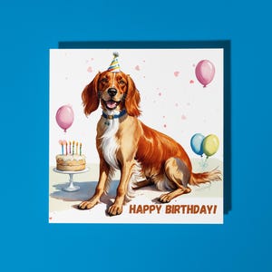 Feito à mão bonito cão setter irlandês raça com bolo feliz aniversário! Cartão engraçado animal cartão amantes dos animais cartão de felicitações premium e envelope