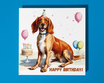 Handmade Cute Irish Setter Dog breed With Cake Happy Birthday ! Card Funny Animal Card Animal Lovers Premium Greeting Card & Envelope