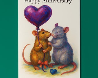 Two rats - Lifted Hearts - Happy Anniversary Card - Funny animals - Premium Greeting Card and Envelope - Personalised card - Couples Husband