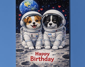 Jack Russell & Border Collie Personalised Birthday Card, Funny Space Dog Astronaut Card