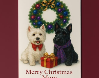 West Highland White Terrier & Scottish Terrier Dogs - Merry Christmas Mum Card - Funny dogs - Premium Greeting Card Envelope - Personalised