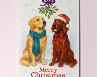 Retriever and Setter Dogs Under the Mistletoe - Merry Christmas Card - Funny Animal - Premium Greeting Card and Envelope - Personalised card