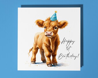 Handmade Cute little calf Happy 1 st Birthday Card Funny Animal Card Animal Lovers Premium Greeting Card & Envelope