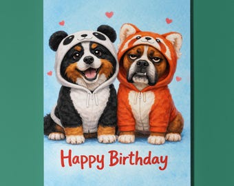 Biglietto d'auguri per il compleanno di un cane da montagna bernese o boxer, con cappuccio e stampa di un panda rosso, un simpatico regalo personalizzato per gli amanti dei cani.