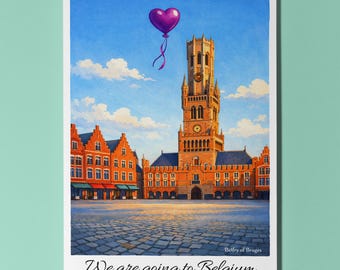 We are going to Belgium - Belfry of Bruges Card - Premium Greeting Card Envelope - Personalised City - Friend Girlfriend Wife Family members