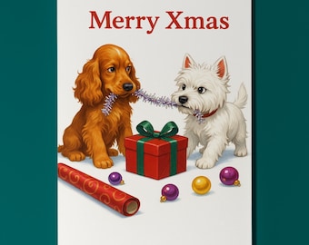 West Highland White Terrier and Cocker Spaniel  Dogs Duo - Merry Xmas Card - Funny Dogs - Premium Greeting Card and Envelope Personalised