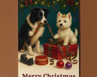 West Highland White Terrier Border Collie - Santa’s Helpers - Christmas Card - Funny Dogs - Premium Greeting Card Envelope - Personalised