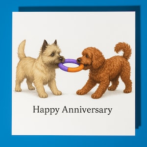 Biglietto di auguri di buon anniversario con Cairn Terrier e Cockapoo - Animale divertente - Biglietto di auguri premium e busta - Biglietto personalizzato per cani - Coppia