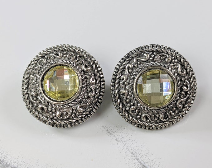 Beautiful Vintage Jewellery Silver-tone Yellow Rhinestones Clip-on Earrings