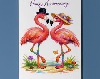 Animal Hugs Series Flamingo Love at First Flight Happy Anniversary Card - Premium Greeting Card Envelope Personalised funny Couples Spouses