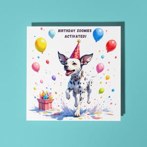 Dálmata juguetón hecho a mano con sombrero de fiesta rojo - Tarjeta de feliz cumpleaños Tarjeta divertida con animales Tarjeta de felicitación premium para amantes de los animales Sobre