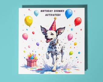 Handmade Playful Dalmatian wears a red party hat -  Happy Birthday Card Funny Animal Card Animal Lovers Premium Greeting Card Envelope