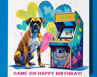 80s Boxer dog Happy Birthday Card - Funny Animal - Premium Greeting Card & Envelope - Personalised Dog card - Mum Dad Son Friend Brother